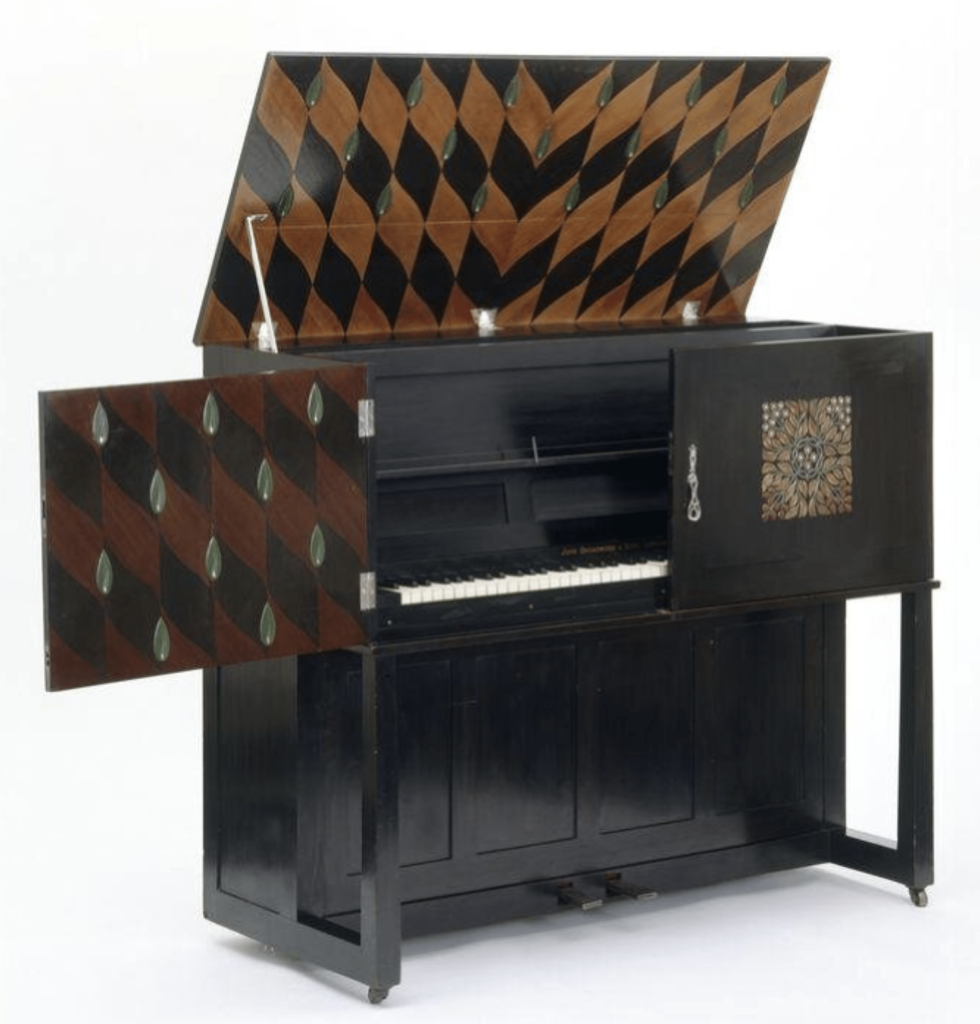 Manxman piano by M. H. Baillie Scott in ebonised mahogany, with carved wood, marquetry, pewter and mother-of-pearl.
